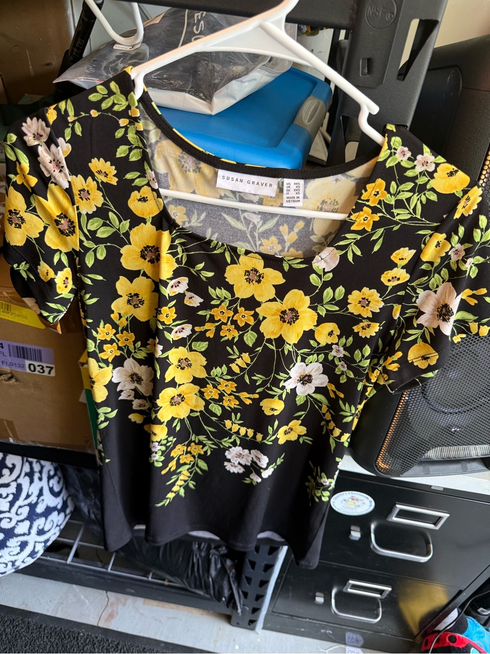 Susan Graver Black Short-Sleeve Top with Yellow Floral Print